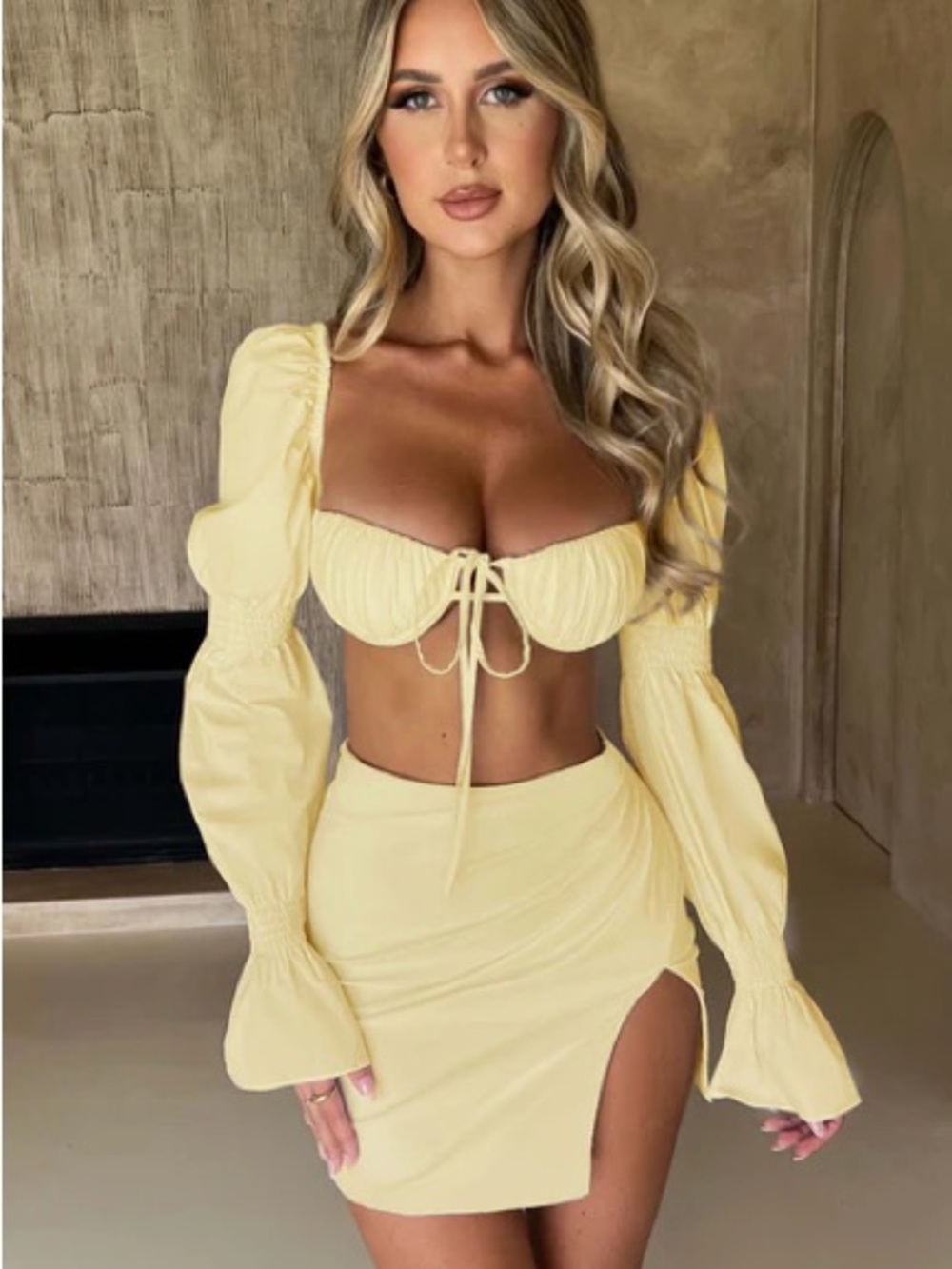 Pale Yellow Lemon Butter Two-Piece Mini Skirt Set with Side Slit Babyboo Perla